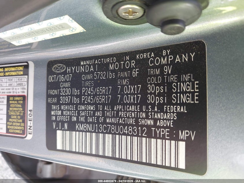 2008 Hyundai Veracruz Gls/Limited/Se VIN: KM8NU13C78U048312 Lot: 44802479