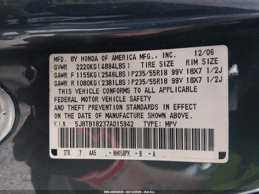 2007 Acura Rdx VIN: 5J8TB18237A015942 Lot: 44802530