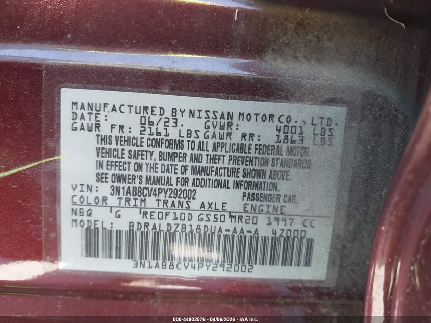 VIN 3N1AB8CV4PY292002 2023 NISSAN SENTRA SV XTRONIC CVT