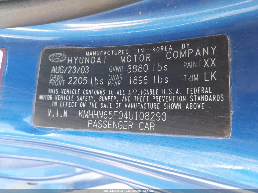 2004 Hyundai Tiburon Gt V6/Gt V6 Special Edition VIN: KMHHN65F04U108293 Lot: 44802623