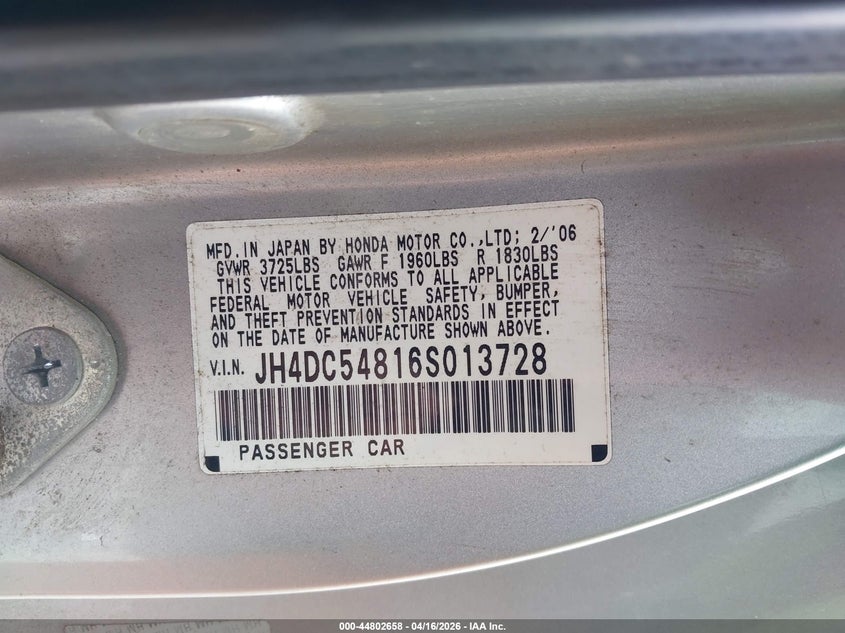 2006 Acura Rsx VIN: JH4DC54816S013728 Lot: 44802658