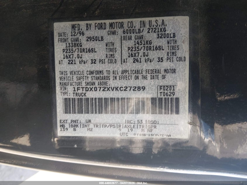 1997 Ford F-150 Xl/Xlt VIN: 1FTDX072XVKC27289 Lot: 44802677