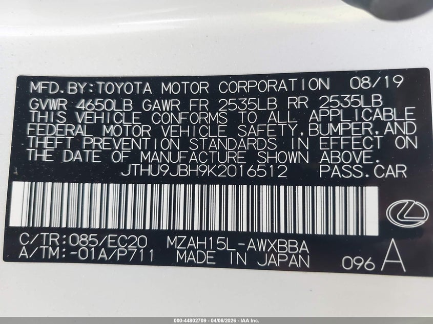 2019 Lexus Ux 250H VIN: JTHU9JBH9K2016512 Lot: 44802709