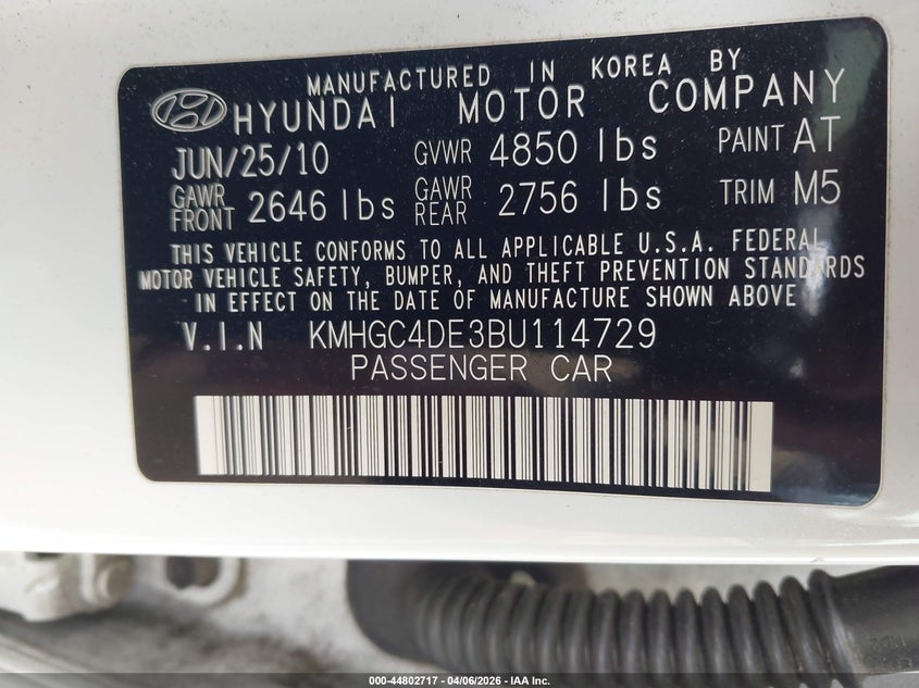 2011 Hyundai Genesis 3.8 VIN: KMHGC4DE3BU114729 Lot: 44802717