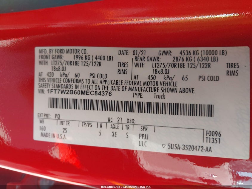 2021 Ford F250 6.2 F-250 Xlt red Lot 111044802783 Vin 1FT7W2B60MEC84376