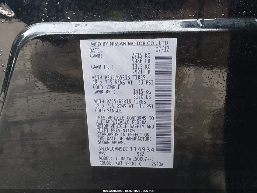 2013 Infiniti Jx35 VIN: 5N1AL0MM9DC314934 Lot: 44802890