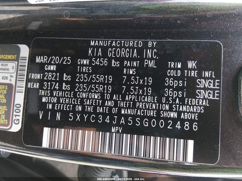 2025 Kia Ev6 Light Long Range VIN: 5XYC34JA5SG002486 Lot: 44802896