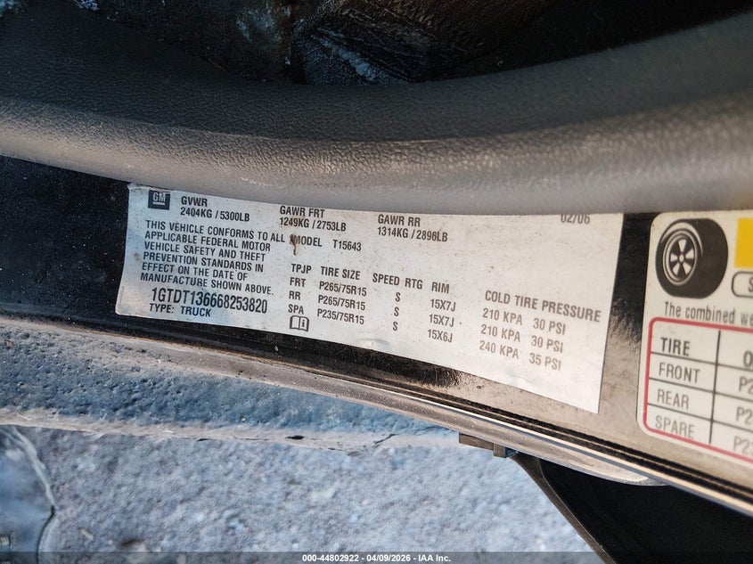 2006 GMC Canyon Slt VIN: 1GTDT136668253820 Lot: 44802922