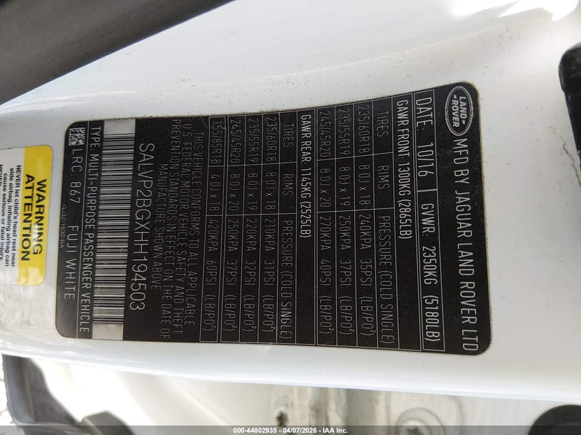 2017 Land Rover Range Rover Evoque Se/Se Premium VIN: SALVP2BGXHH194503 Lot: 44802935