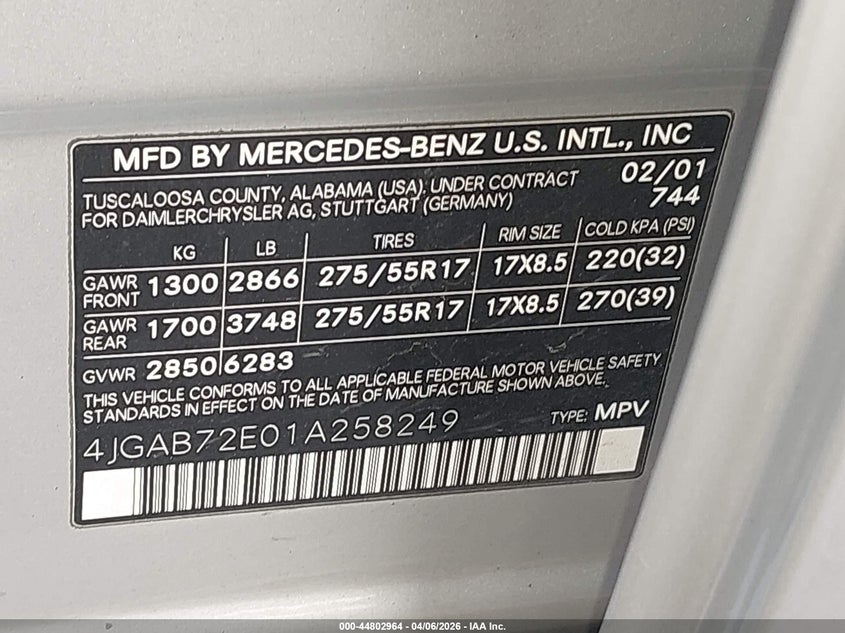 2001 Mercedes-Benz Ml 430 VIN: 4JGAB72E01A258249 Lot: 44802964