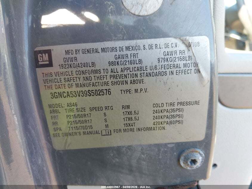 2009 Chevrolet Hhr Lt VIN: 3GNCA53V39S502576 Lot: 44802967