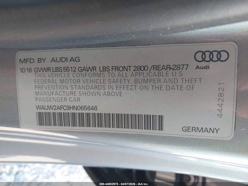 2017 Audi A7 3.0T Premium Plus VIN: WAUW2AFC9HN065646 Lot: 44802978