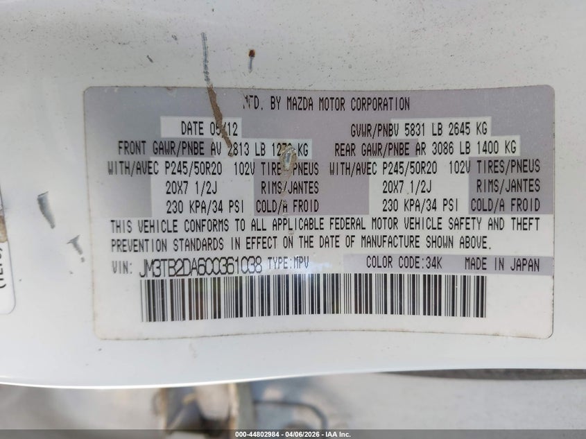 2012 Mazda Cx-9 Grand Touring VIN: JM3TB2DA6C0361038 Lot: 44802984