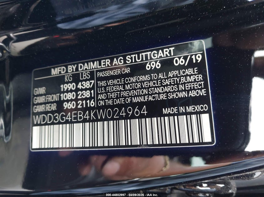 2019 Mercedes-Benz A 220 VIN: WDD3G4EB4KW024964 Lot: 44802997
