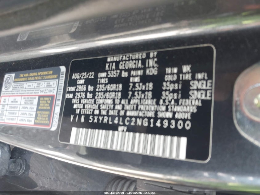 2022 Kia Sorento S VIN: 5XYRL4LC2NG149300 Lot: 44802999