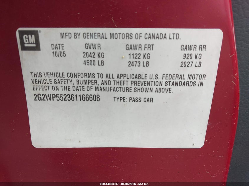 2006 Pontiac Grand Prix VIN: 2G2WP552361166608 Lot: 44803007