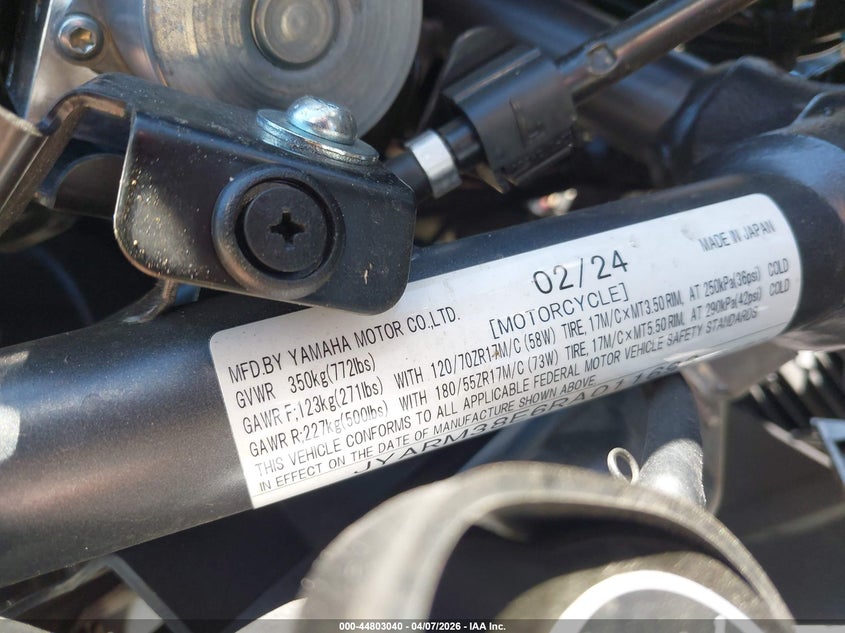 2024 Yamaha Yzfr7 VIN: JYARM38E6RA011696 Lot: 44803040