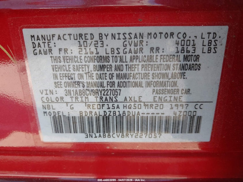 VIN 3N1AB8CV8RY227057 2024 NISSAN SENTRA SV XTRONIC CVT
