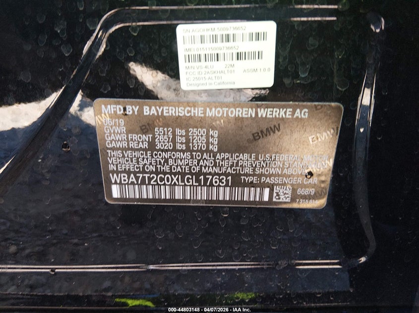 2020 BMW 740I VIN: WBA7T2C0XLGL17631 Lot: 44803148