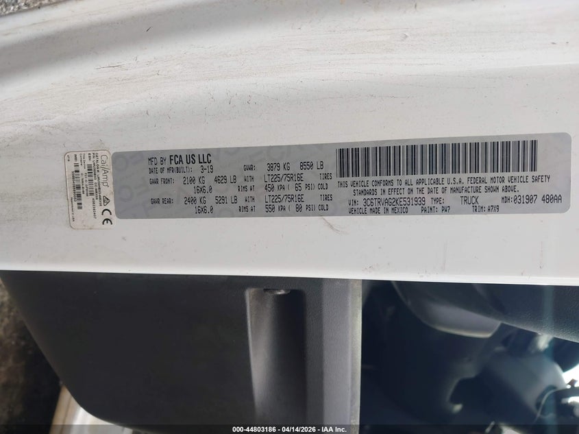 2019 Ram Promaster 1500 Low Roof 136 Wb VIN: 3C6TRVAG2KE531939 Lot: 44803186