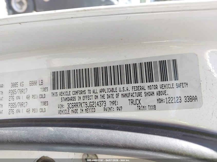 2018 Ram 1500 Tradesman 4X4 5'7 Box VIN: 3C6RR7KT9JG214373 Lot: 44803191