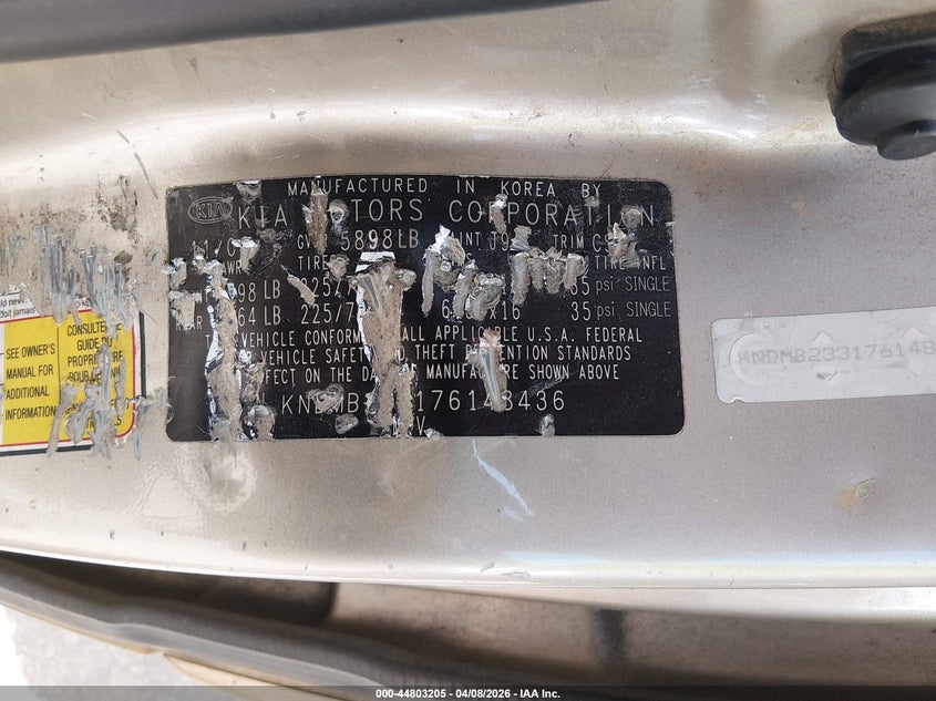 2007 Kia Sedona Lx VIN: KNDMB233176148436 Lot: 44803205