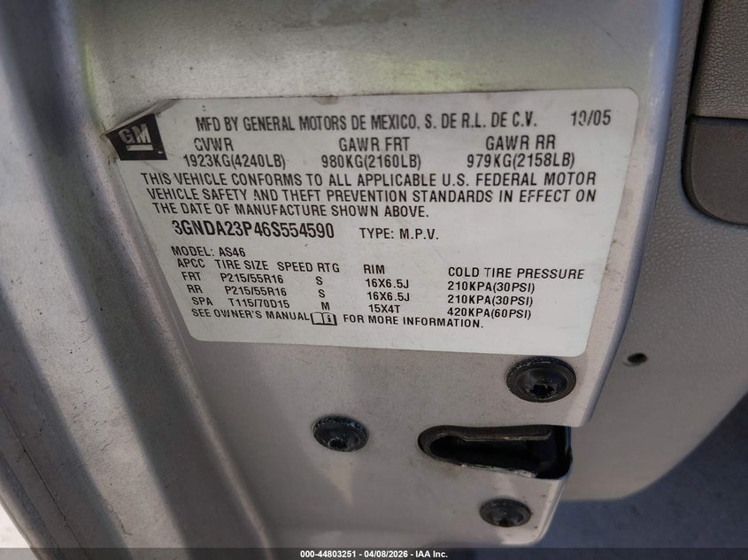 2006 Chevrolet Hhr Lt VIN: 3GNDA23P46S554590 Lot: 44803251