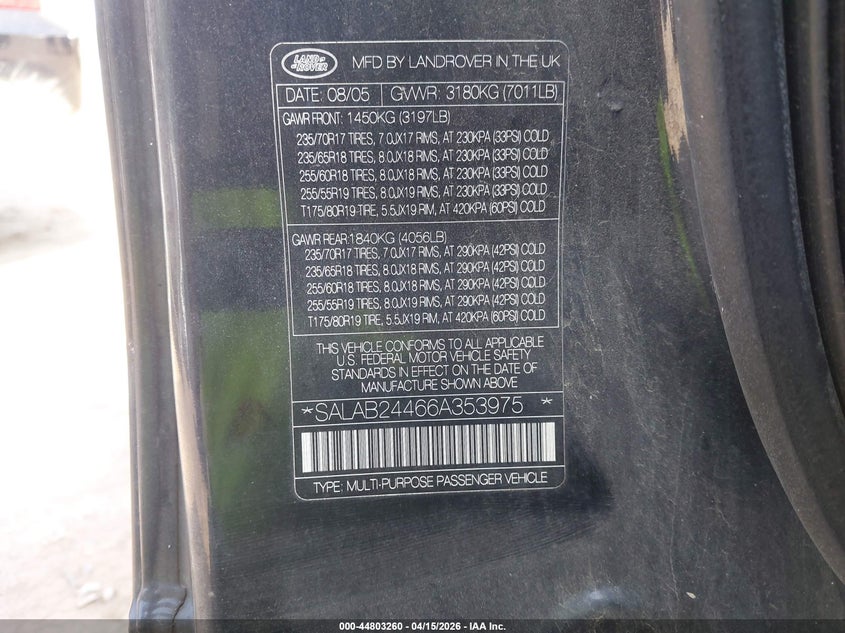 2006 Land Rover Lr3 V6 VIN: SALAB24466A353975 Lot: 44803260