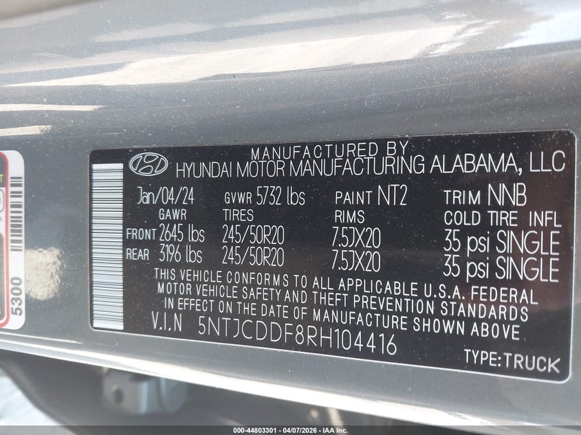 2024 Hyundai Santa Cruz Night VIN: 5NTJCDDF8RH104416 Lot: 44803301