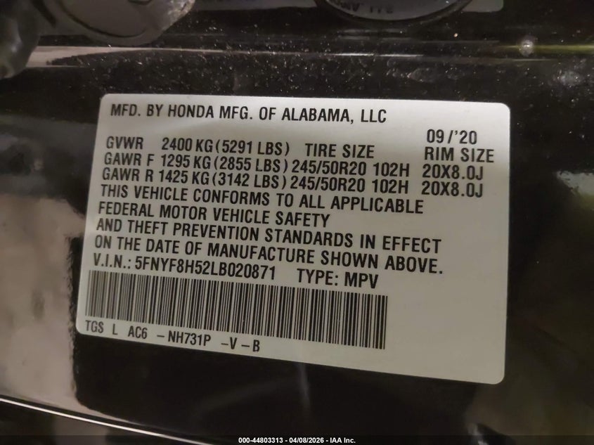 2020 Honda Passport Awd Ex-L VIN: 5FNYF8H52LB020871 Lot: 44803313