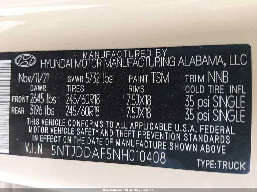 2022 Hyundai Santa Cruz Sel Premium VIN: 5NTJDDAF5NH010408 Lot: 44803332