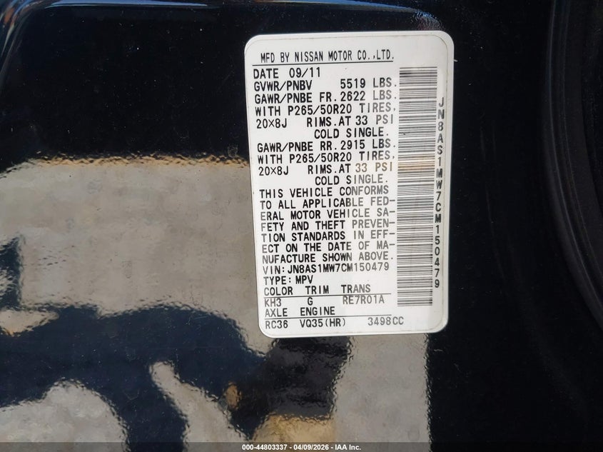 2012 Infiniti Fx35 VIN: JN8AS1MW7CM150479 Lot: 44803337