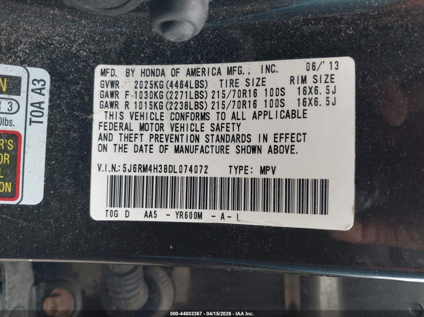 2013 Honda Cr-V Lx VIN: 5J6RM4H38DL074072 Lot: 44803367