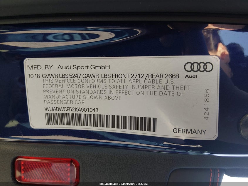 2019 Audi Rs 5 2.9T VIN: WUABWCF52KA901043 Lot: 44803433
