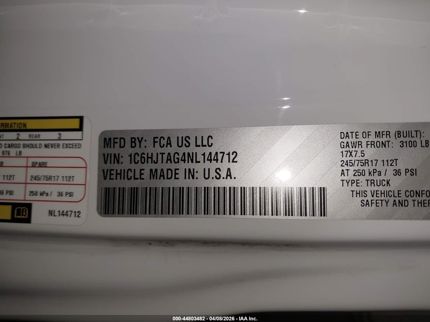 2022 Jeep Gladiator Altitude 4X4 VIN: 1C6HJTAG4NL144712 Lot: 44803482