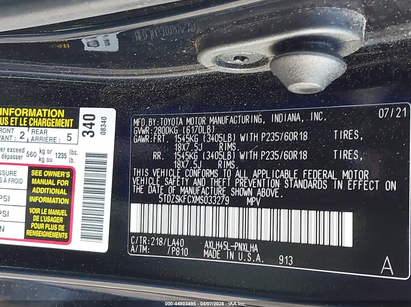 2021 Toyota Sienna Limited VIN: 5TDZSKFCXMS033279 Lot: 44803495