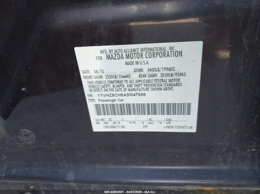 2010 Mazda Mazda6 I Touring VIN: 1YVHZ8CH6A5M47956 Lot: 44803501