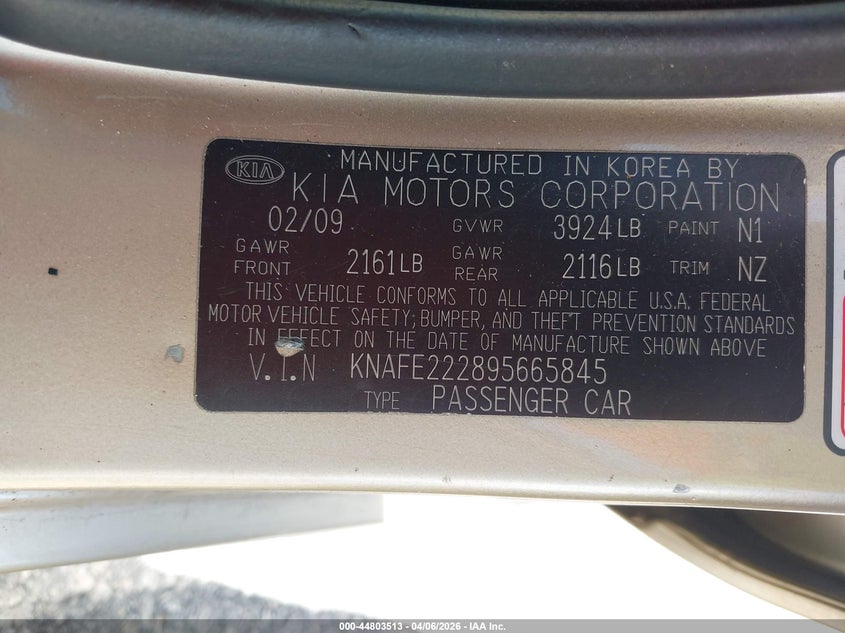 2009 Kia Spectra Ex VIN: KNAFE222895665845 Lot: 44803513