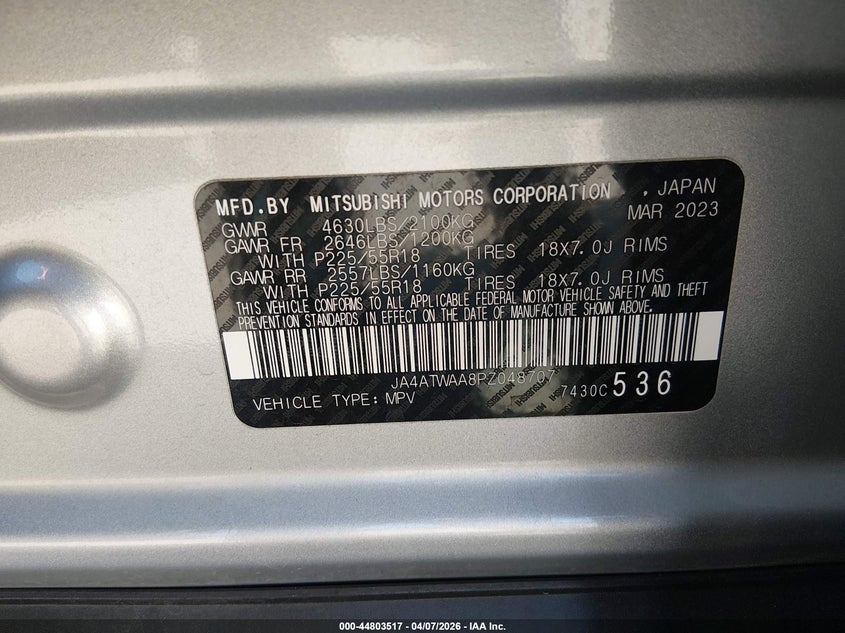 2023 Mitsubishi Eclipse Cross Se S-Awc VIN: JA4ATWAA8PZ048707 Lot: 44803517