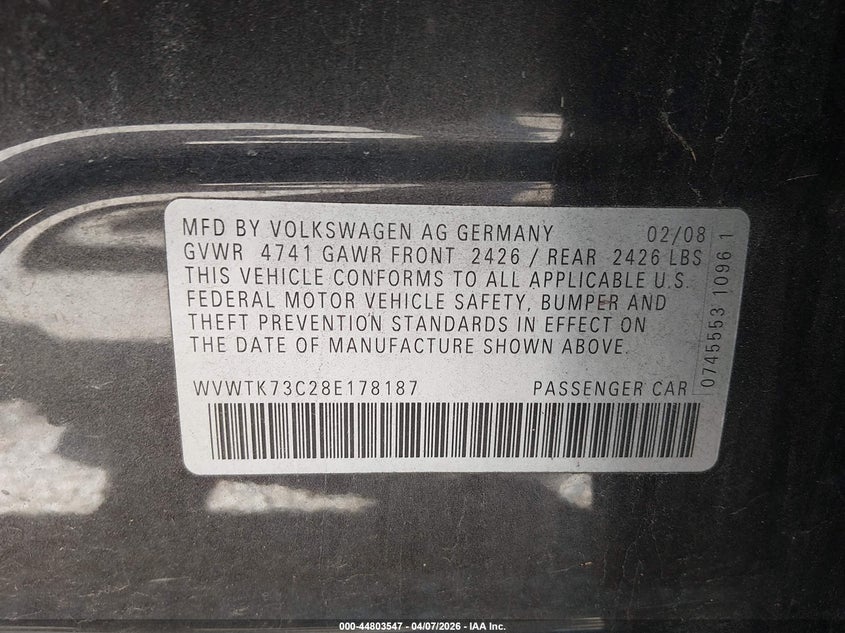 2008 Volkswagen Passat Lux VIN: WVWTK73C28E178187 Lot: 44803547