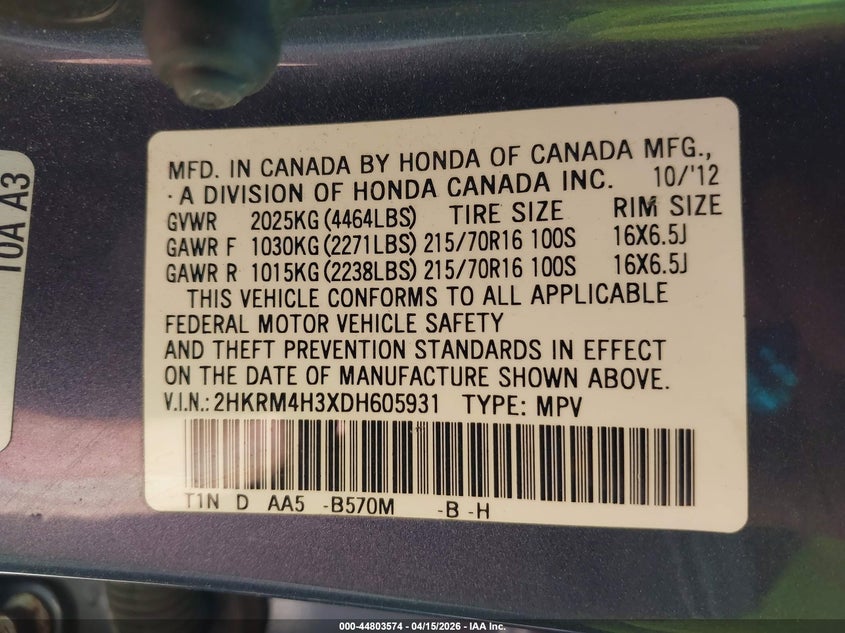 2013 Honda Cr-V Lx VIN: 2HKRM4H3XDH605931 Lot: 44803574