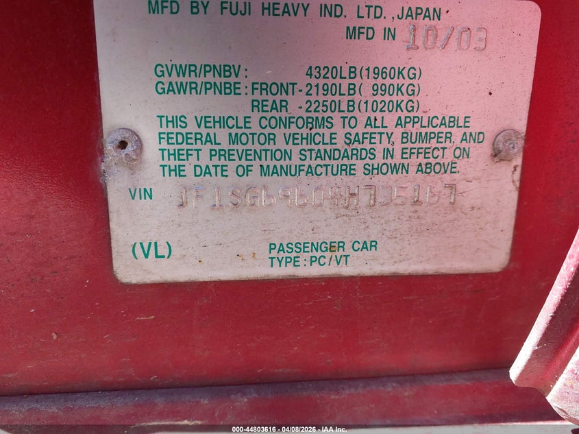 2004 Subaru Forester 2.5Xt VIN: JF1SG69604H735167 Lot: 44803616