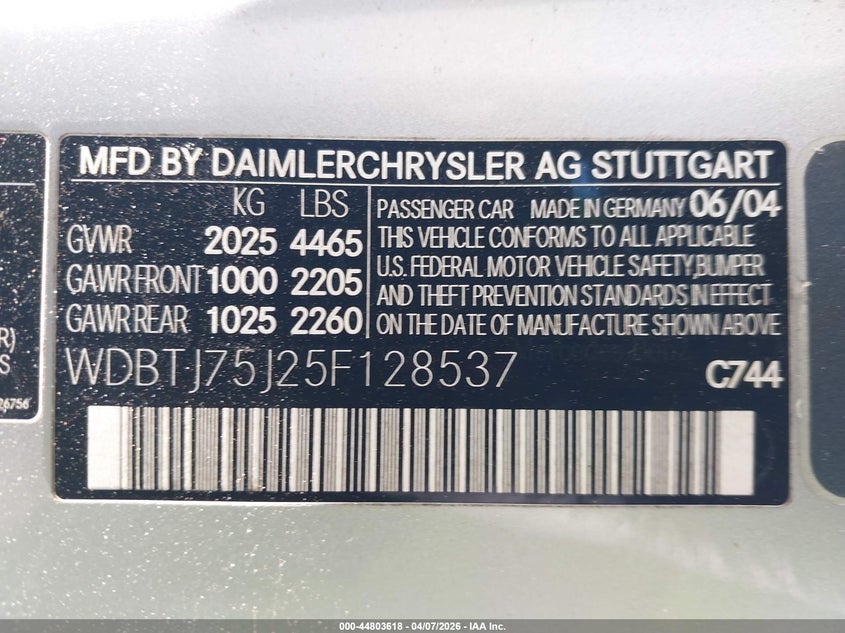 2005 Mercedes-Benz Clk 500 VIN: WDBTJ75J25F128537 Lot: 44803618