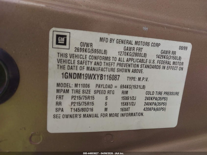 2000 Chevrolet Astro VIN: 1GNDM19WXYB116087 Lot: 44803627