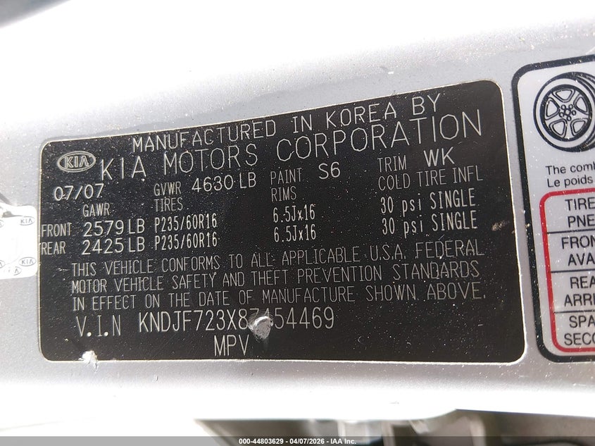 2008 Kia Sportage Lx V6 VIN: KNDJF723X87454469 Lot: 44803629