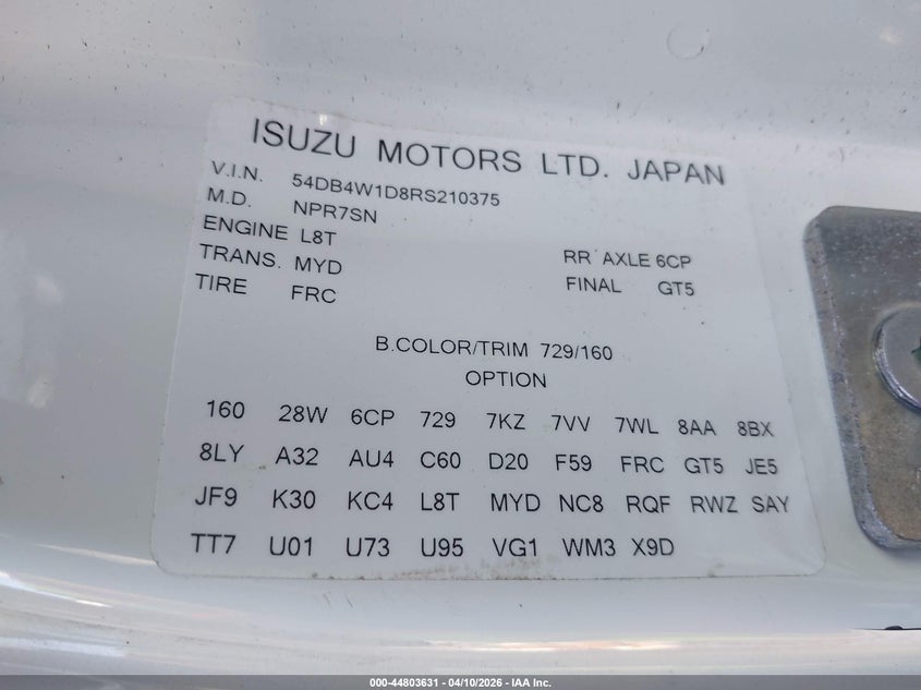 2024 Isuzu Npr white Lot 111044803631 Vin 54DB4W1D8RS210375