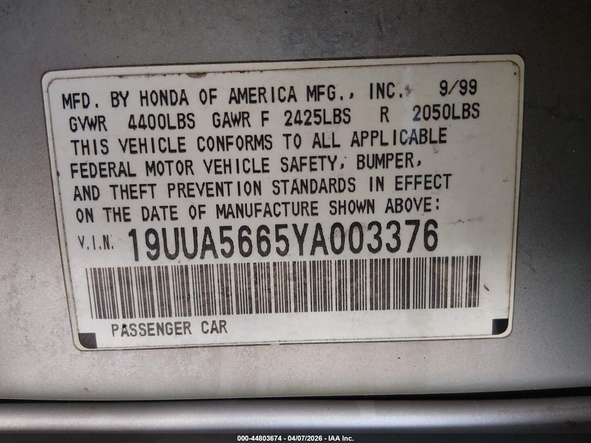 2000 Acura Tl 3.2 VIN: 19UUA5665YA003376 Lot: 44803674