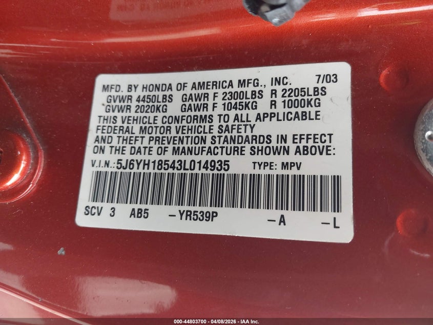 2003 Honda Element Ex VIN: 5J6YH18543L014935 Lot: 44803700