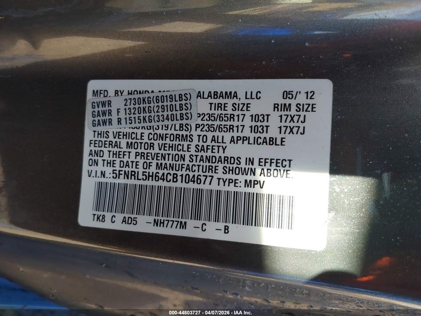 2012 Honda Odyssey 3.5 Ex-L grey Lot 111044803727 Vin 5FNRL5H64CB104677