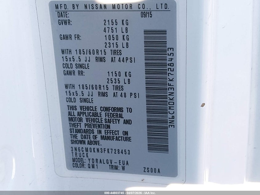 2015 Nissan Nv200 Sv VIN: 3N6CM0KN3FK728453 Lot: 44803745